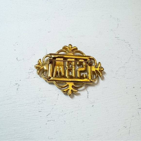 ORA Art Deco Rhinestone Faux Pearl Monogram Brooch Vintage - Picture 5 of 8